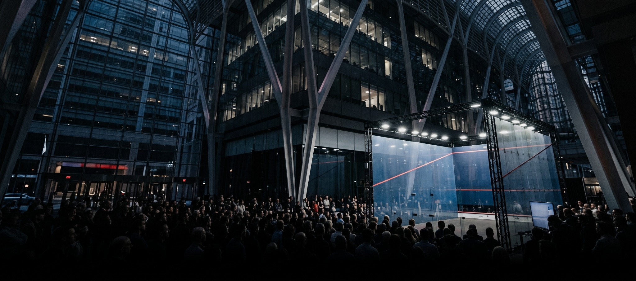 Glass squash court and spectators in the Brookfield Place atrium