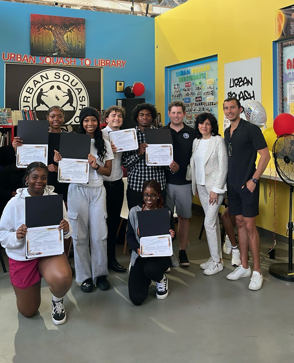 Urban Squash Toronto scholarship recipients with Brent Adamson, Anita Gupta and Amar Gupta
